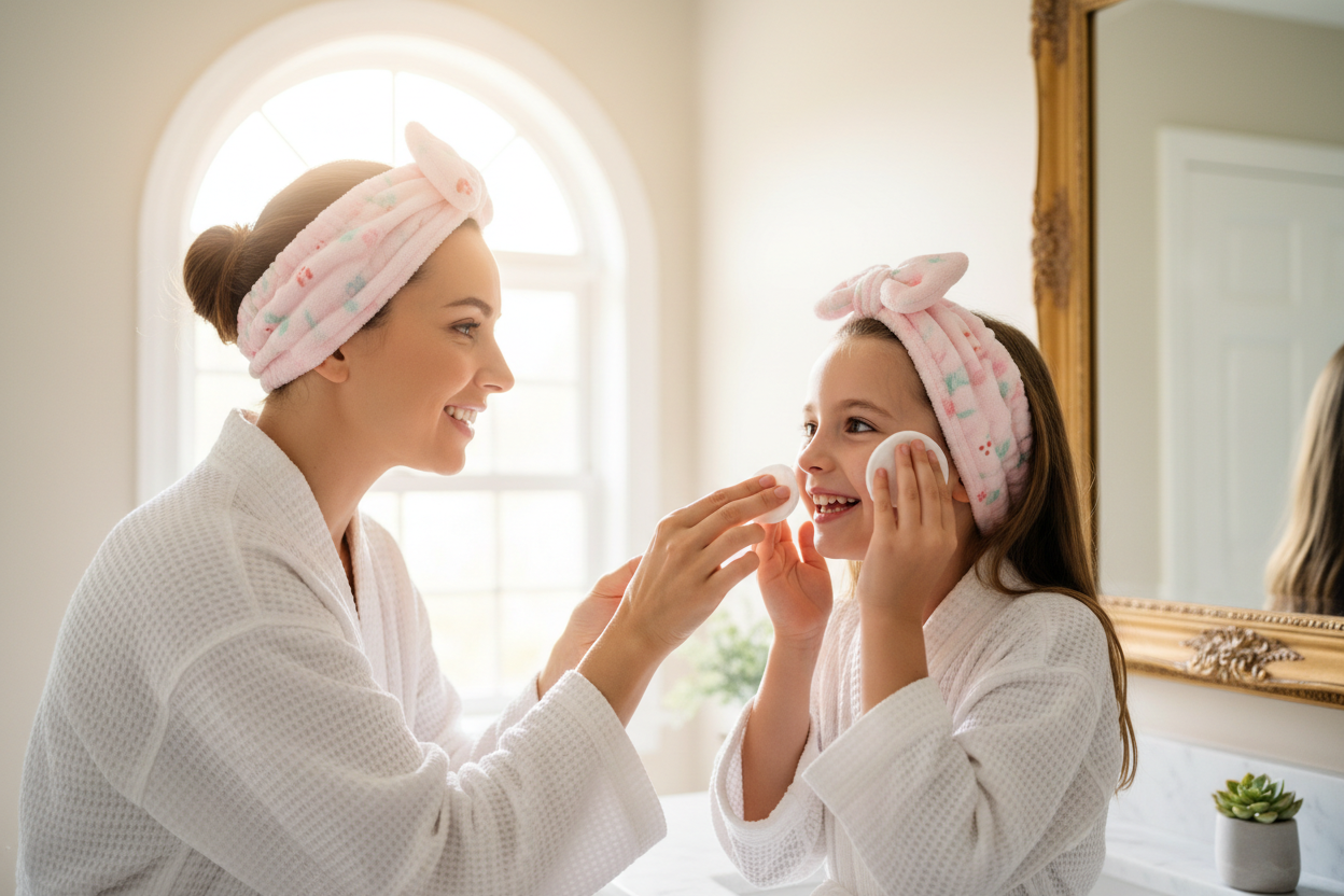 mom and daughter doing first skincare routine, no bottles in picture but they are wiping their face wearing skincare headband